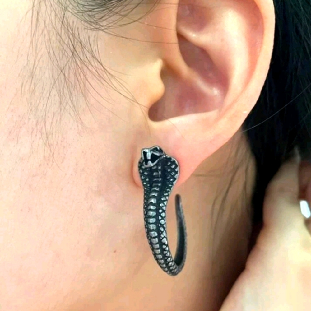 Gunmetal Cobra Snake Hoop Earrings